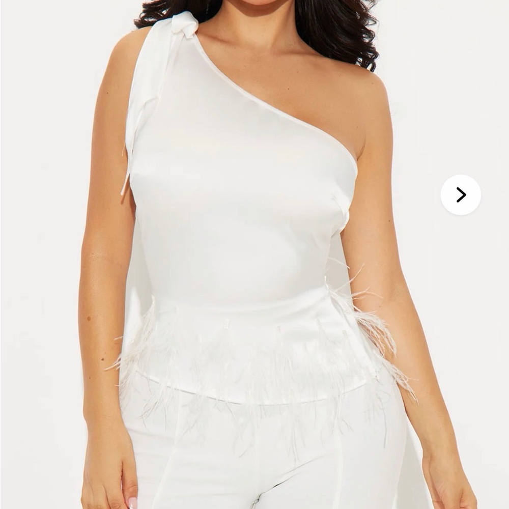 Fashion Nova White One-Shoulder Feather Trim Top